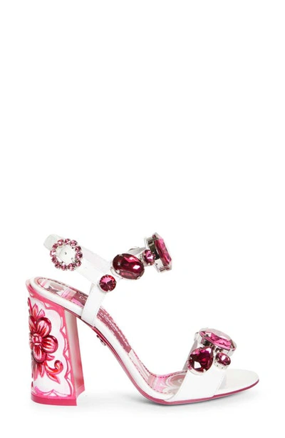 Dolce & Gabbana Keira Crystal Embellished Block Heel Platform Sandal In White/ Fuchsia