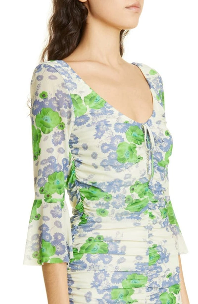 Shop Ganni Floral Ruched Bell Sleeve Dress In Egret