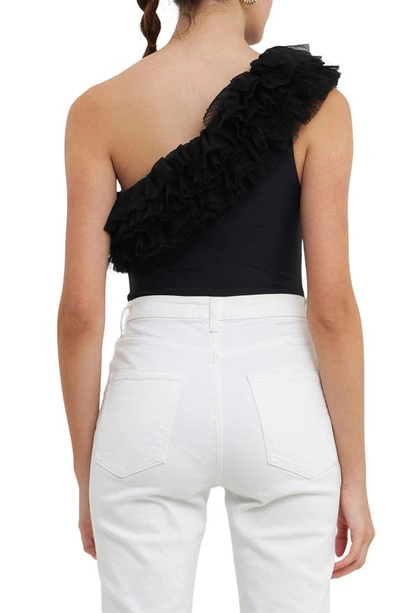 Endless Rose Tulle Ruffle One-shoulder Bodysuit In Black