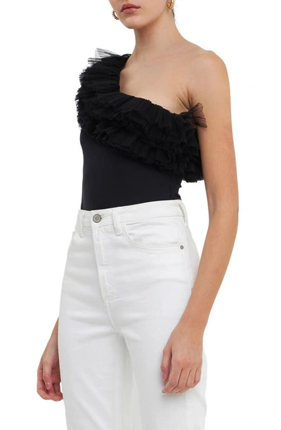 Endless Rose Tulle Ruffle One-shoulder Bodysuit In Black