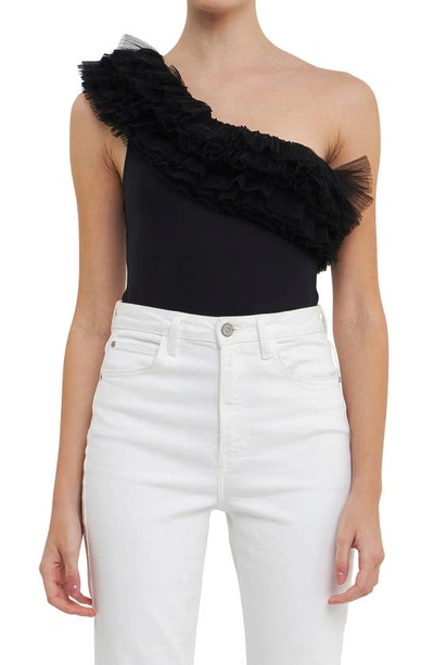 Endless Rose Tulle Ruffle One-shoulder Bodysuit In Black