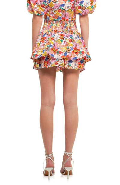 Shop Endless Rose Floral Smocked Cotton Miniskirt In White Multi