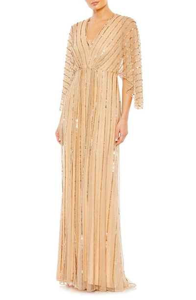 Mac Duggal Beaded Striping Kimono Sleeve V Neck Gown In Taupe