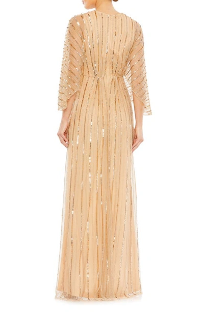 Mac Duggal Beaded Striping Kimono Sleeve V Neck Gown In Taupe