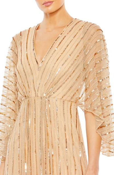 Mac Duggal Beaded Striping Kimono Sleeve V Neck Gown In Taupe