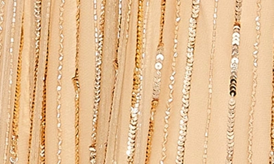 Mac Duggal Beaded Striping Kimono Sleeve V Neck Gown In Taupe
