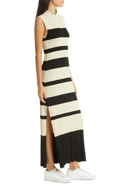 Shop Atm Anthony Thomas Melillo Variegated Stripe Side Slit Rib Maxi Dress In Linen/ Black