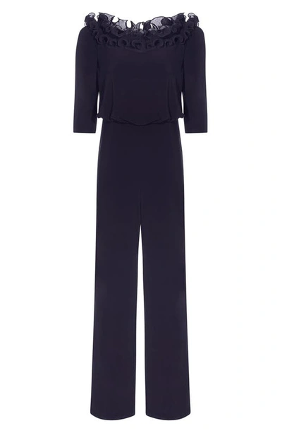 Shop Adrianna Papell Ruffle Off The Shoulder Blouson Bodice Jumpsuit In Navy