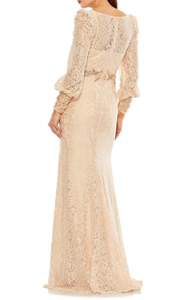 Shop Mac Duggal Beaded Detail Lace Long Sleeve Gown In Champagne Blush