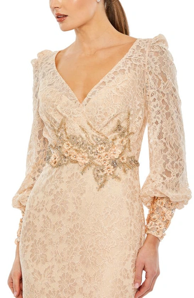 Shop Mac Duggal Beaded Detail Lace Long Sleeve Gown In Champagne Blush