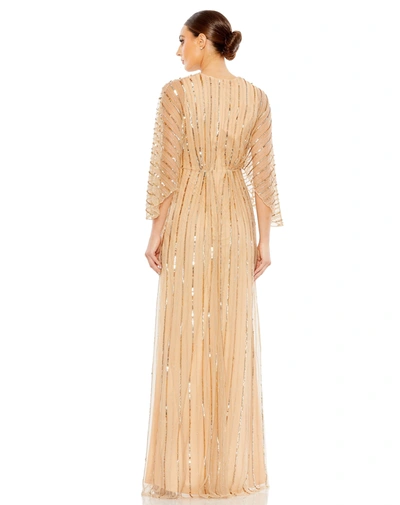 Mac Duggal Beaded Striping Kimono Sleeve V Neck Gown In Taupe