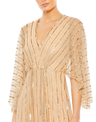 Mac Duggal Beaded Striping Kimono Sleeve V Neck Gown In Taupe