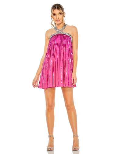 Shop Mac Duggal High Neck Open Back Embellished Trapeze Dress In Hot Pink