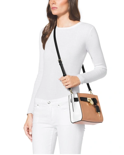 Shop Michael Kors Women's Hamilton Traveler Leather Messenger Bag In Tan/ White/ Black