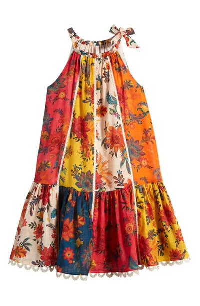 Shop Zimmermann Kids' Ginger Floral Patchwork Panel Halter Neck Cotton Dress In Spliced