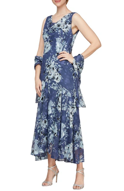 Shop Alex Evenings Print Cowl Neck Maxi Dress With Shawl In Wedgewood