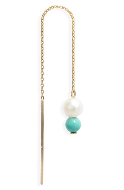 Poppy Finch Petite Cultured Pearl & Turquoise Threader Earrings In 14kyg