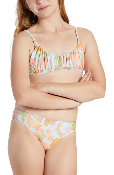 Shop Billabong Kids' Blown Away Shirred Two-piece Swimsuit In Blue Multi