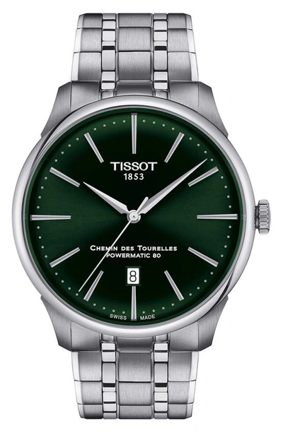 Tissot Men's Swiss Automatic Chemin Des Tourelles Powermatic 80 Stainless Steel Bracelet Watch 42mm In Steel/ Green