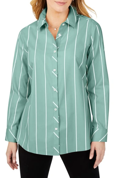 Shop Foxcroft Ave Stripe Button-up Tunic Shirt In Jade Gem
