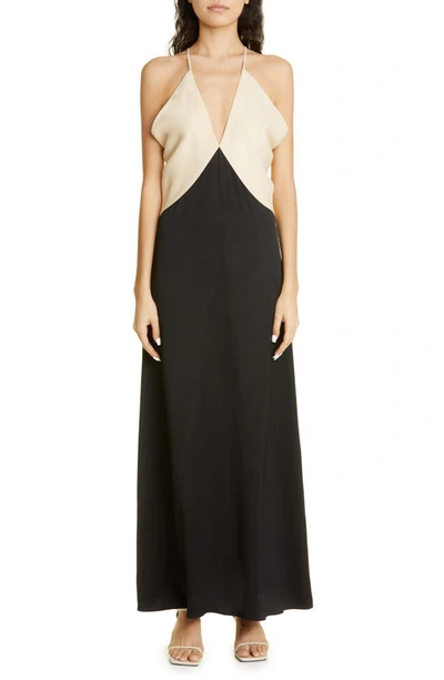 Shop Totême Draped Camisole Maxi Dress In Black/ Bleached Sand