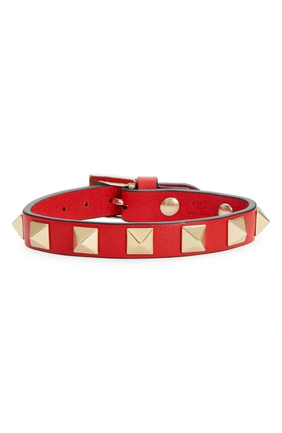 Shop Valentino Rockstud Small Leather Bracelet In Rouge Pur