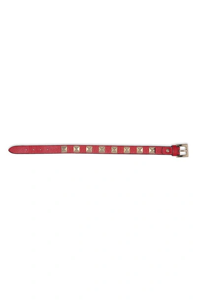 Shop Valentino Rockstud Small Leather Bracelet In Rouge Pur
