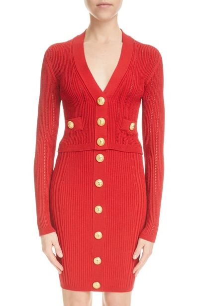 Shop Balmain V-neck Crop Pointelle Cardigan In 3kb Bright Red