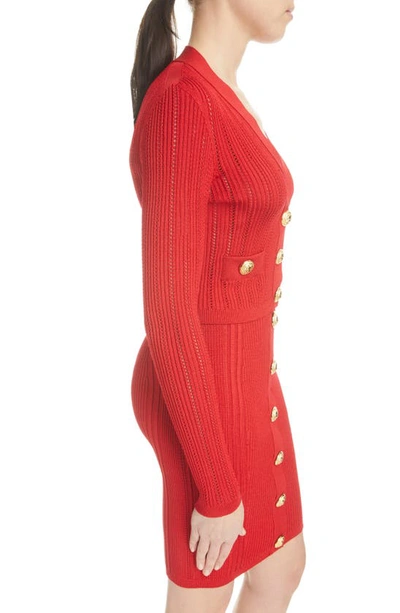 Shop Balmain V-neck Crop Pointelle Cardigan In 3kb Bright Red