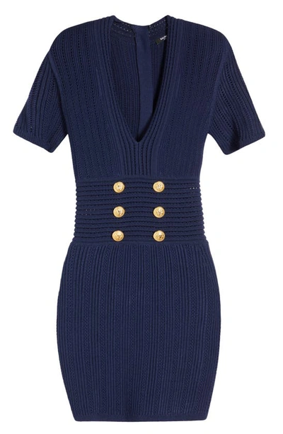 Shop Balmain V-neck Pointelle Body-con Dress In 6uc Marine