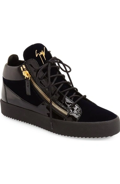 Giuseppe Zanotti Men's Velvet & Patent Leather Mid-top Sneakers In Navy Velvet/ Leather