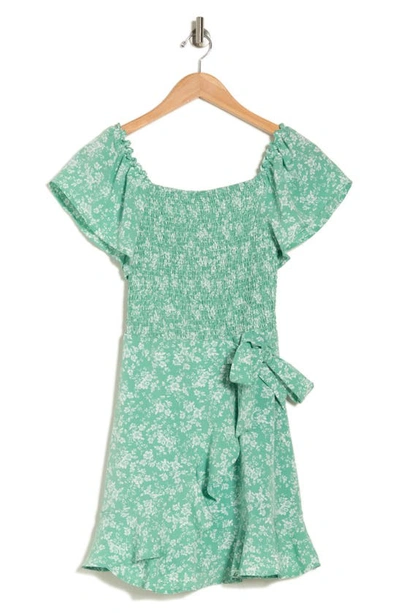 Shop Melrose And Market Floral Flutter Sleeve Smocked Fit & Flare Dress In Green Floral