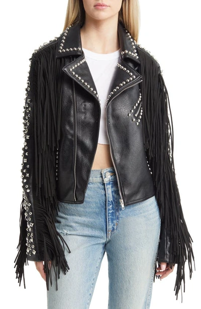 Shop Azalea Wang Western Fringe & Rivet Detail Faux Leather Jacket In Black