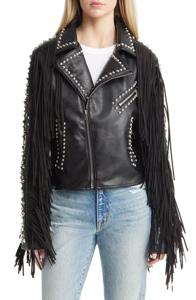 Shop Azalea Wang Western Fringe & Rivet Detail Faux Leather Jacket In Black