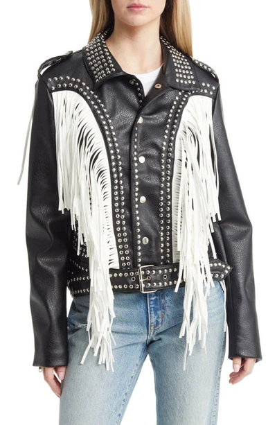 Shop Azalea Wang Beaded Fringe Detail Faux Leather Moto Jacket In Black White
