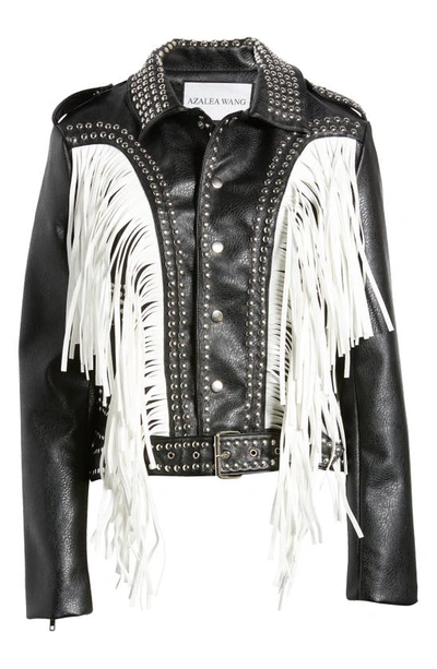Shop Azalea Wang Beaded Fringe Detail Faux Leather Moto Jacket In Black White