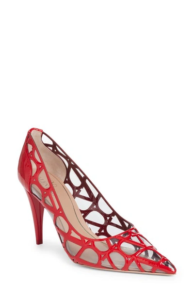 Shop Valentino Vlogo Overlay Pointed Toe Pump In Transparent/ Rouge