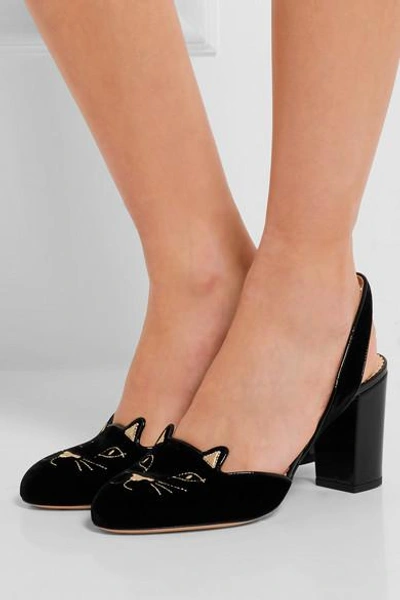 Shop Charlotte Olympia Kitty Embroidered Patent-leather Trimmed Velvet Slingback Pumps In Black