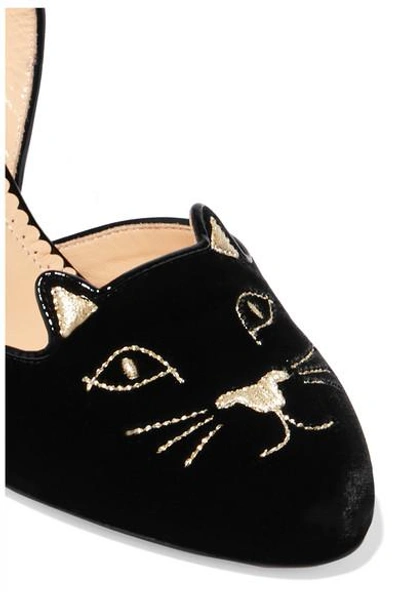 Shop Charlotte Olympia Kitty Embroidered Patent-leather Trimmed Velvet Slingback Pumps In Black