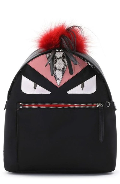 Fendi 'mini Monster' Genuine Fox Fur, Genuine Goat Fur & Genuine Snakeskin Trim Nylon Backpack In Black/natural/ Bordeaux