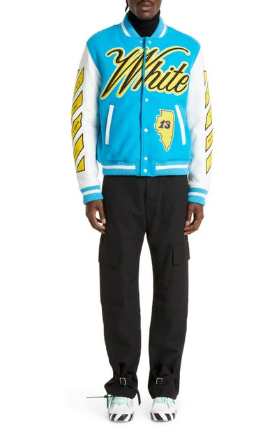 Shop Off-white Leather & Virgin Wool Blend Varsity Jacket In Turquoise Yellow