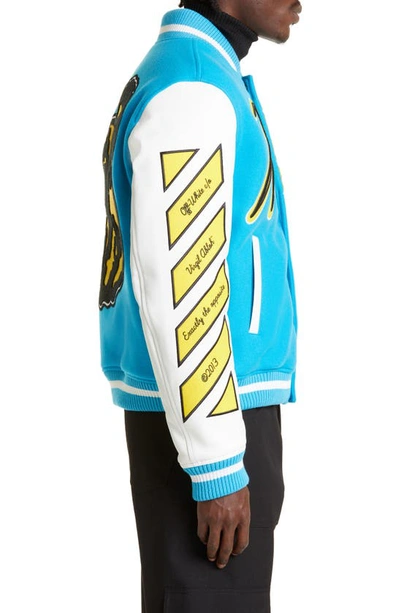 Shop Off-white Leather & Virgin Wool Blend Varsity Jacket In Turquoise Yellow