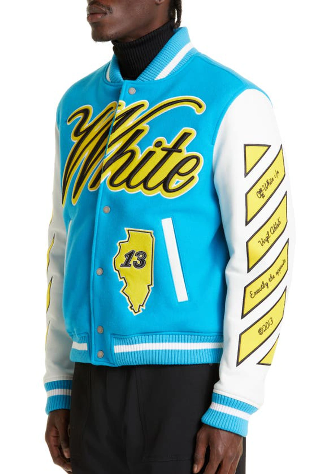 Off-white Logo Patches Leather Bomber Jacket In Turquoise