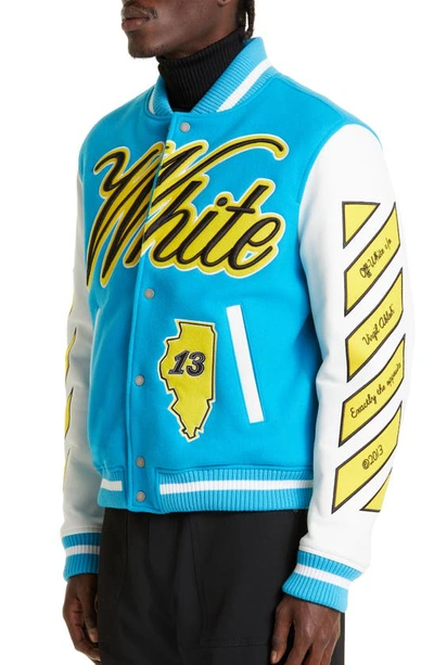 Shop Off-white Leather & Virgin Wool Blend Varsity Jacket In Turquoise Yellow