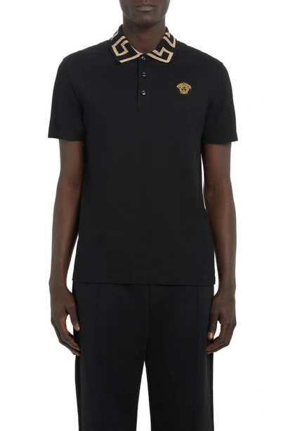 Versace Geometric Patterned Black Polo Shirt With Classic Placket