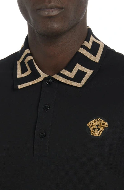 Versace Geometric Patterned Black Polo Shirt With Classic Placket