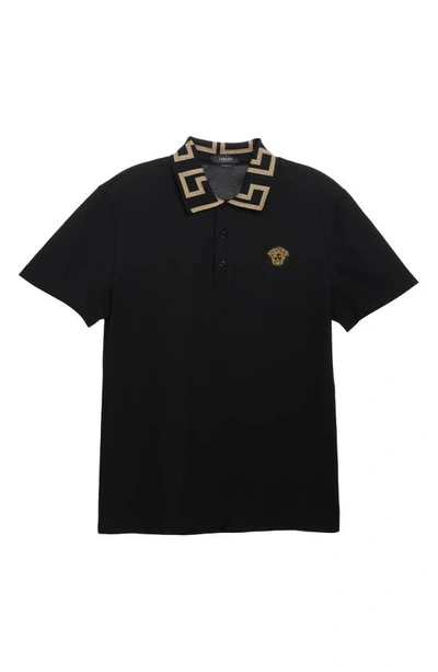 Versace Geometric Patterned Black Polo Shirt With Classic Placket