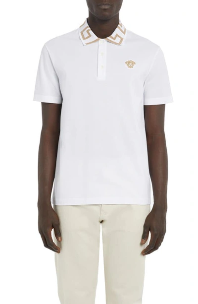 Shop Versace Metallic Greca Collar Piqué Polo In 1w000-optical White