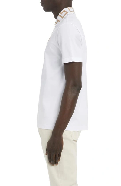 Shop Versace Metallic Greca Collar Piqué Polo In 1w000-optical White