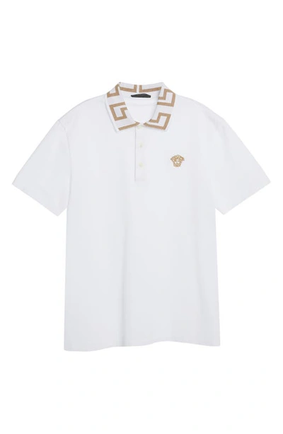 Shop Versace Metallic Greca Collar Piqué Polo In 1w000-optical White